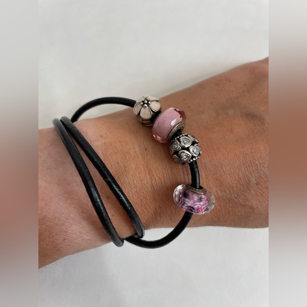 Pandora Black Leather Wrap Bracelet / Necklace 22” + 4 Retired Charms 925 Silver